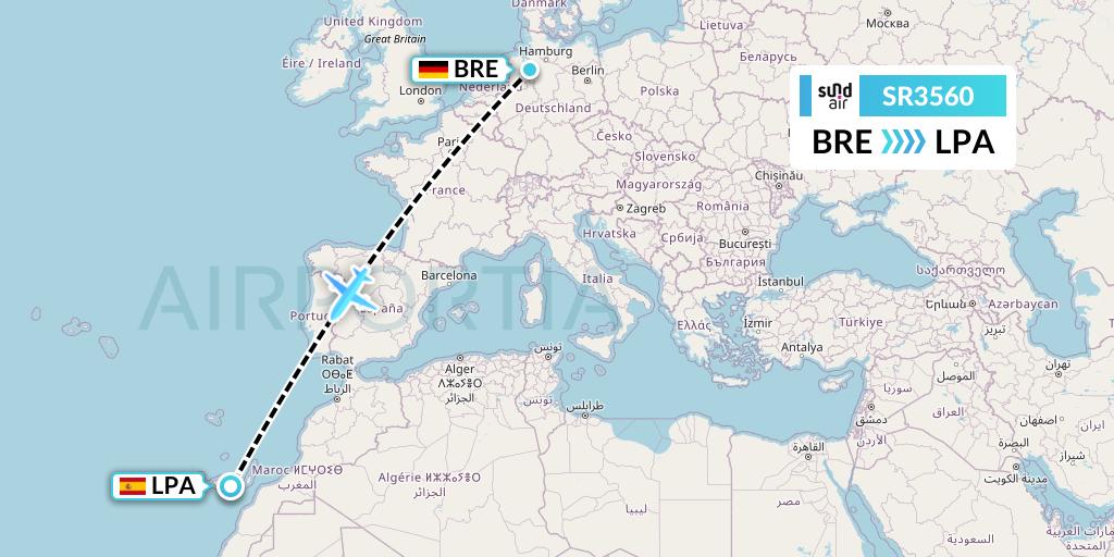 SR3560 SundAir Flight Map: Bremen to Las Palmas