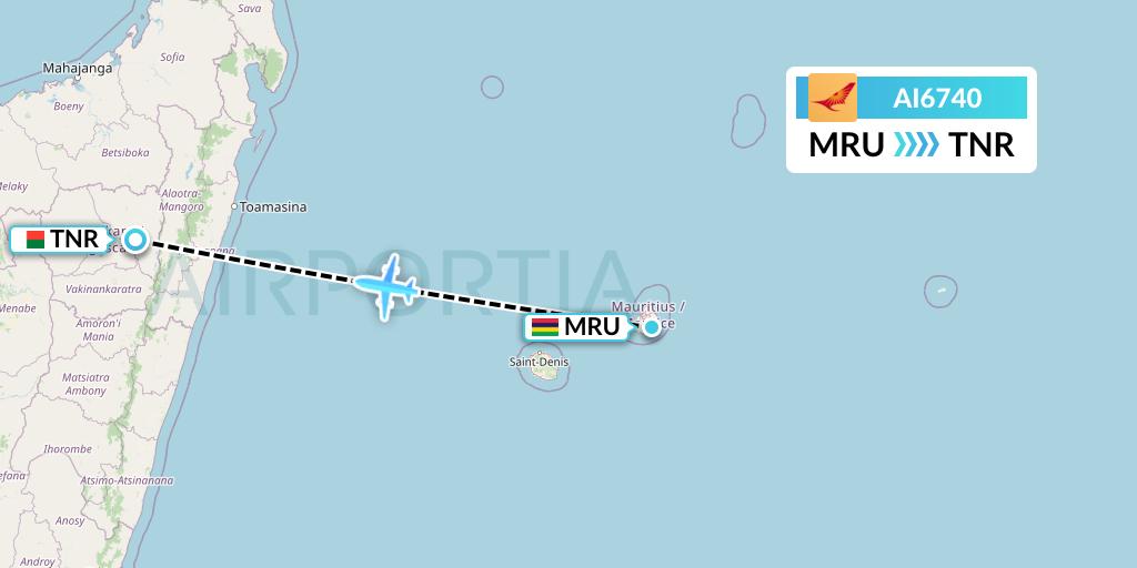 AI6740 Air India Flight Map: Port Louis to Antananarivo
