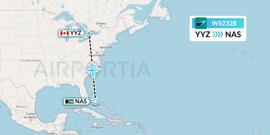 WS2328 WestJet Flight Map: Toronto to Nassau
