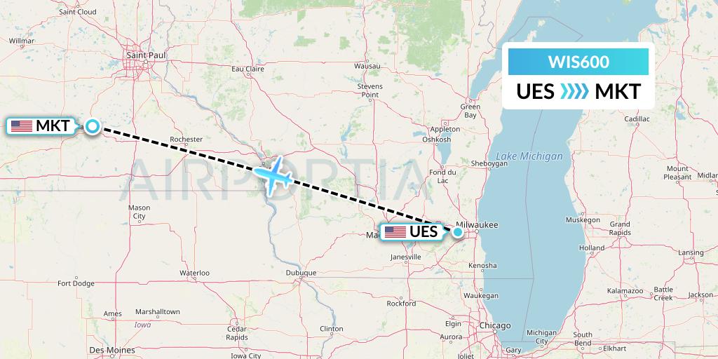 WIS600 Paccair Flight Map: Waukesha to Mankato