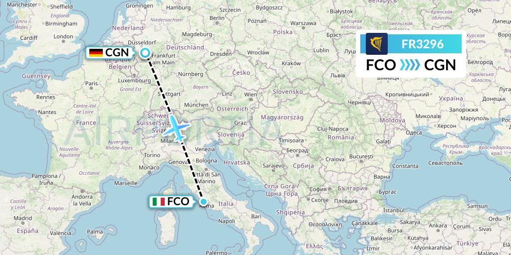 FR3296 Ryanair Flight Map: Rome to Cologne
