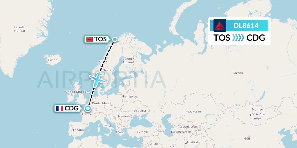DL8614 Delta Air Lines Flight Map: Tromso to Paris