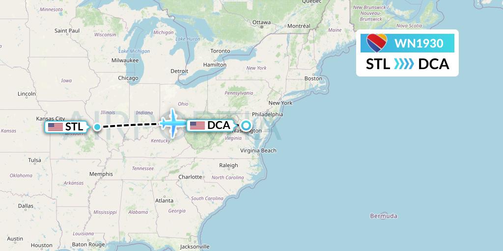 WN1930 Southwest Airlines Flight Map: St. Louis to Washington