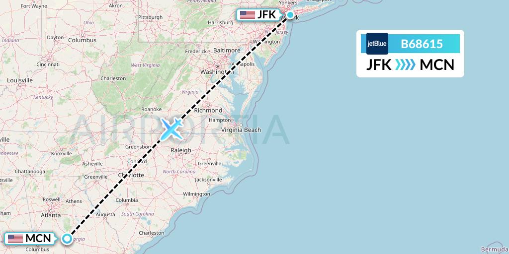 B68615 JetBlue Airways Flight Map: New York to Macon