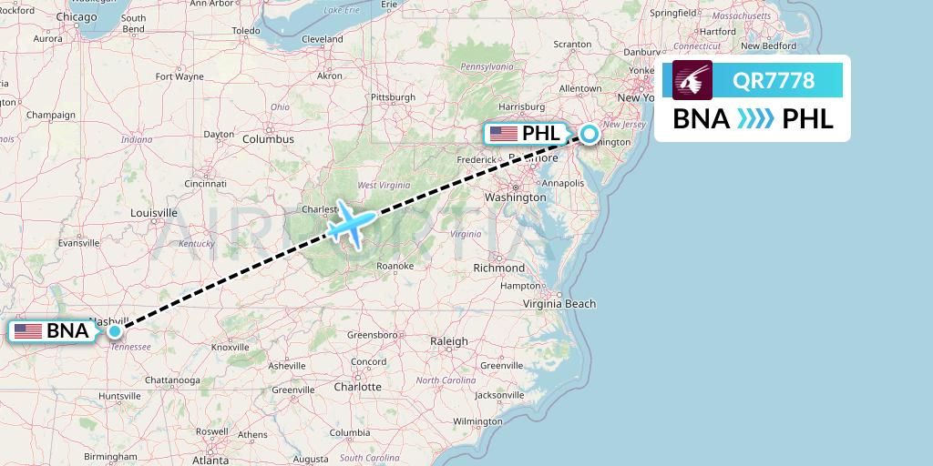 QR7778 Qatar Airways Flight Map: Nashville to Philadelphia