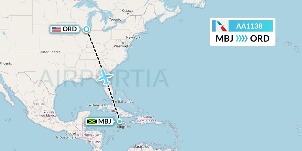 AA1138 American Airlines Flight Map: Montego Bay to Chicago