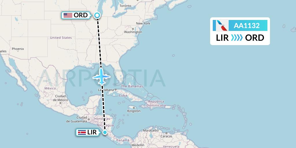 AA1132 American Airlines Flight Map: Liberia to Chicago