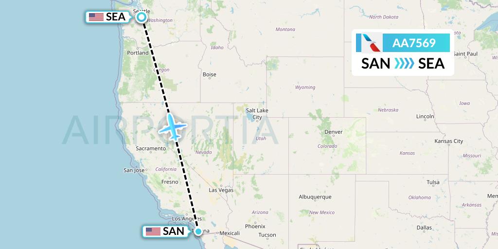 AA7569 American Airlines Flight Map: San Diego to Seattle