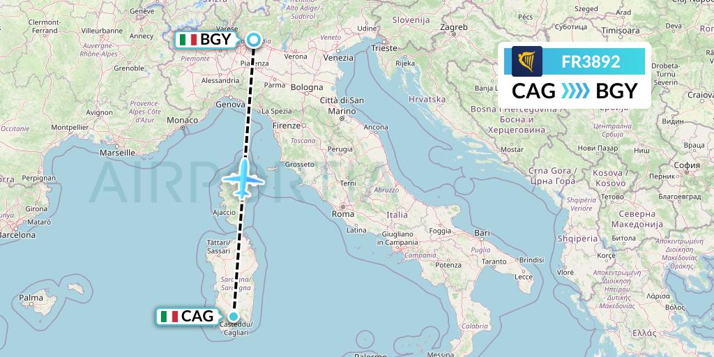 FR3892 Ryanair Flight Map: Cagliari to Milan