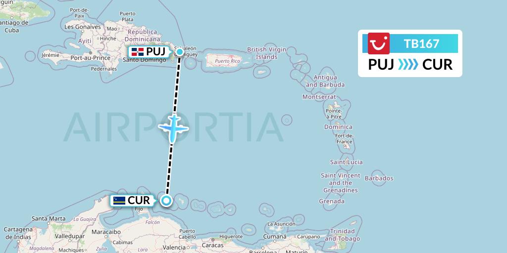 TB167 TUI fly Belgium Flight Map: Punta Cana to Willemstad