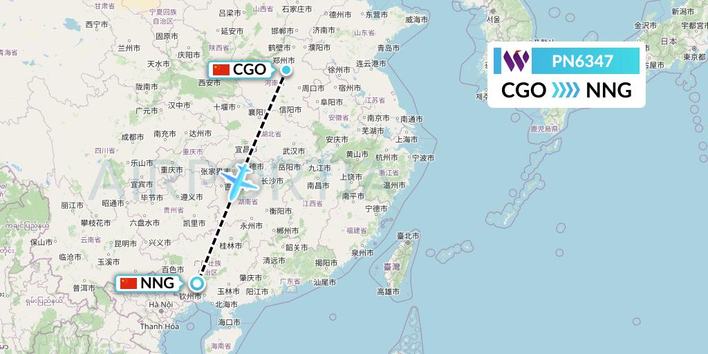 PN6347 China West Air Flight Map: Zhengzhou to Nanning