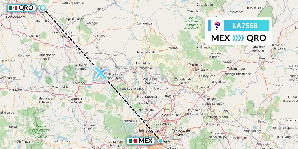 LA7558 LATAM Airlines Flight Map: Mexico City to Queretaro