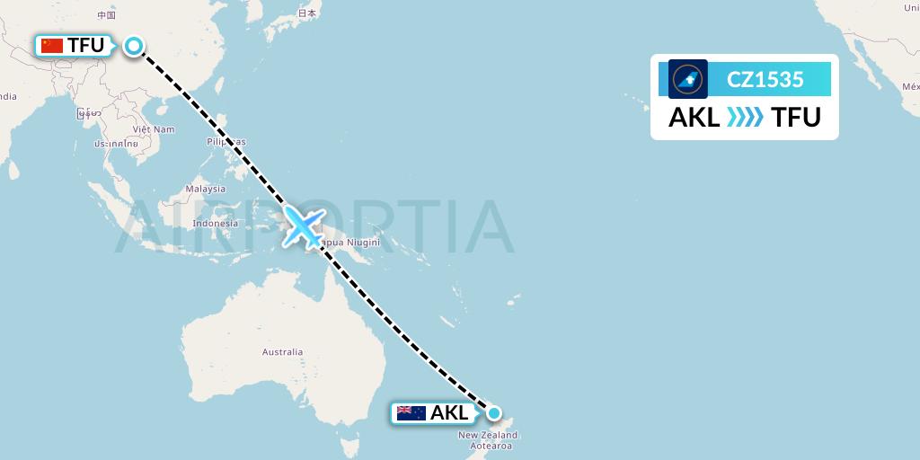 CZ1535 China Southern Airlines Flight Map: Auckland to Chengdu
