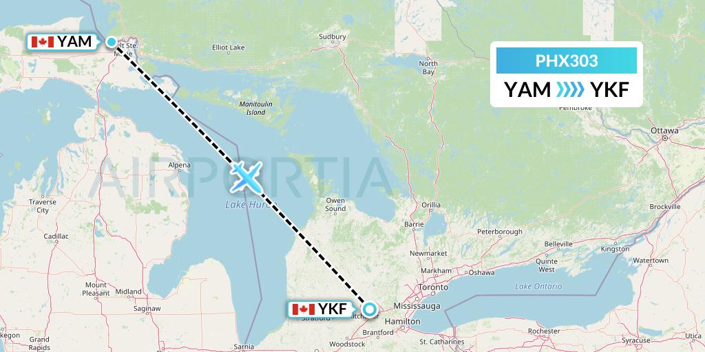 PHX303 SkyCare Flight Map: Sault Ste. Marie to Waterloo