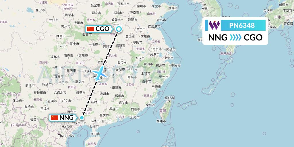 PN6348 China West Air Flight Map: Nanning to Zhengzhou