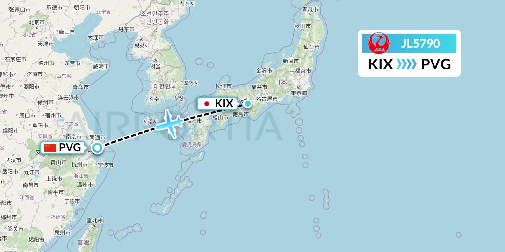 JL5790 Japan Airlines Flight Map: Osaka to Shanghai