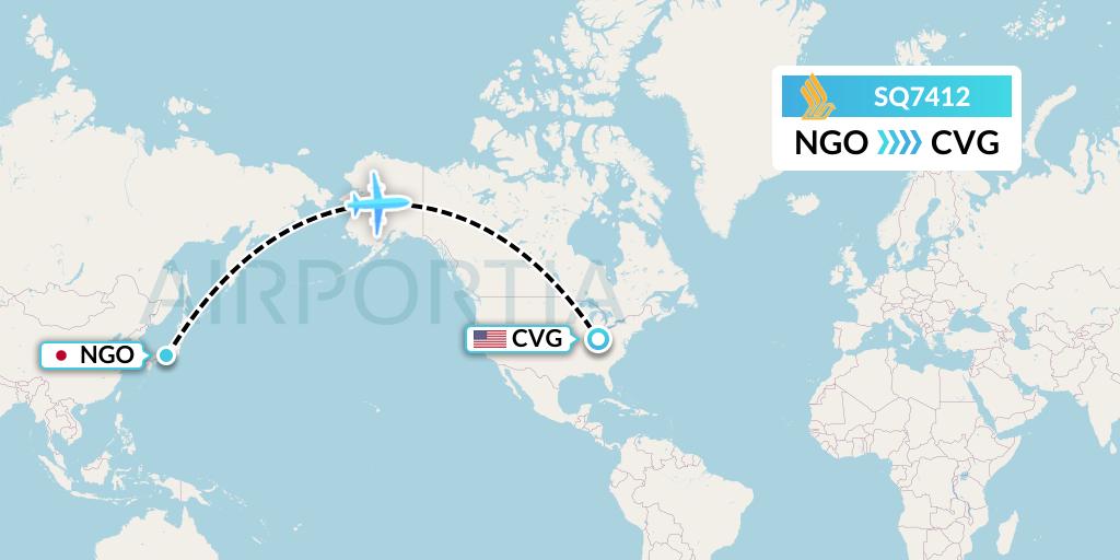 SQ7412 Singapore Airlines Flight Map: Nagoya to Cincinnati