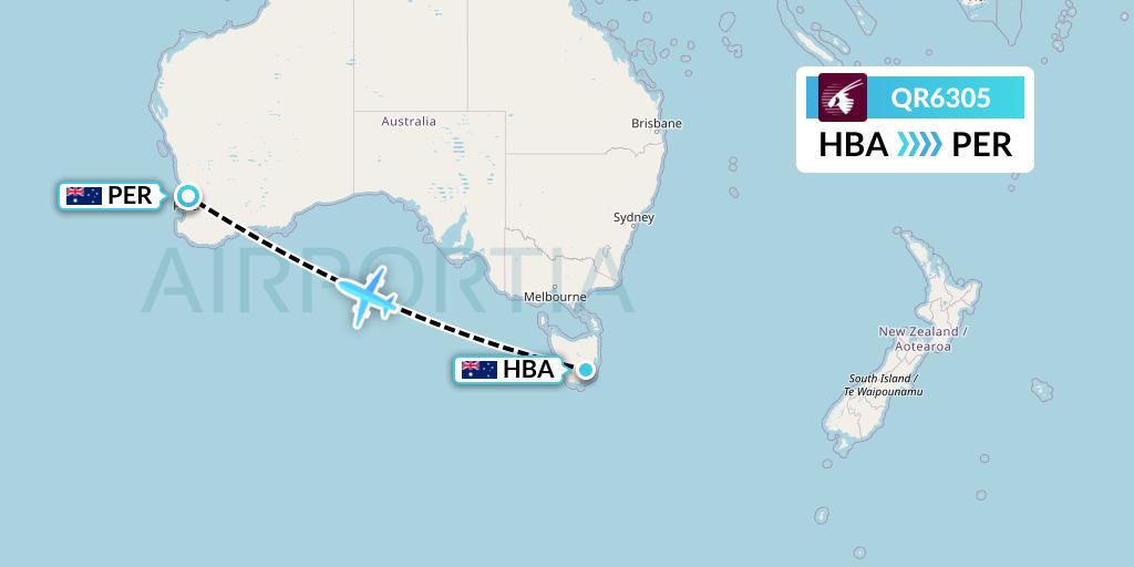 QR6305 Qatar Airways Flight Map: Hobart to Perth