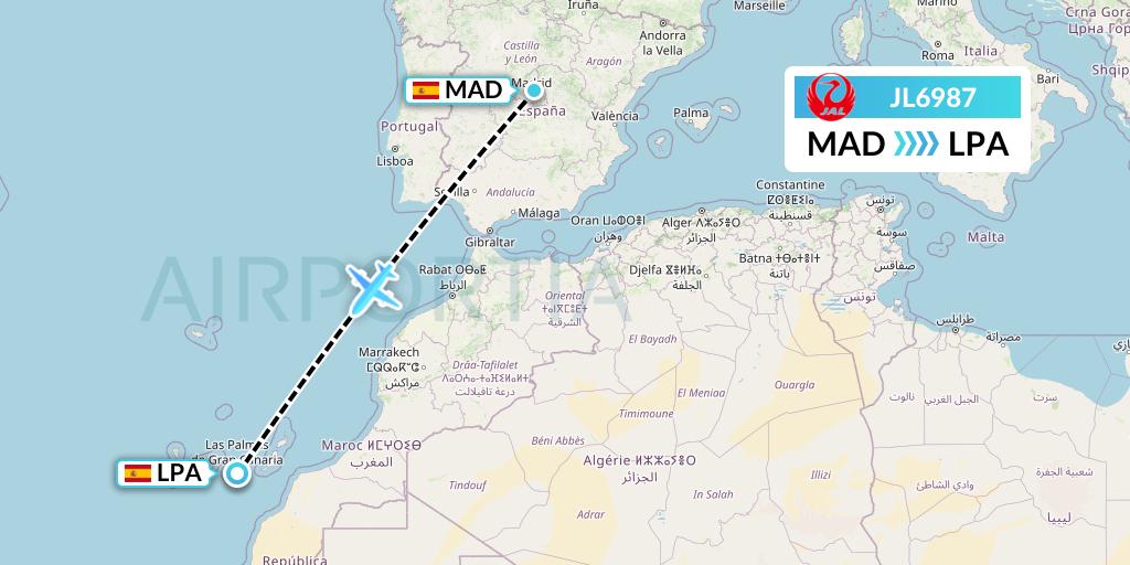 JL6987 Japan Airlines Flight Map: Madrid to Las Palmas