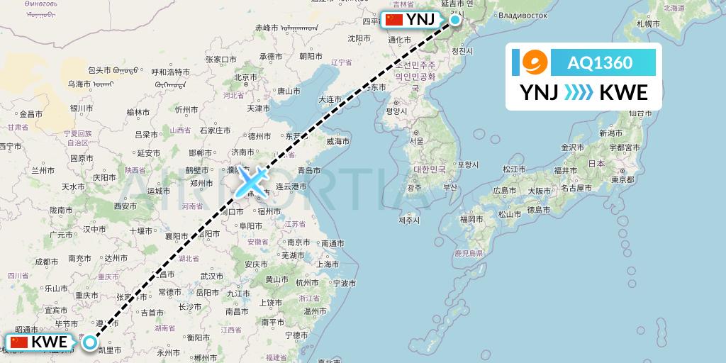 AQ1360 9 Air Flight Map: Yanji to Guiyang