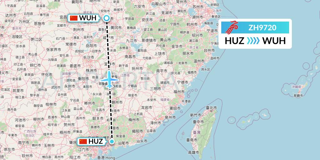 ZH9720 Shenzhen Airlines Flight Map: Huizhou to Wuhan
