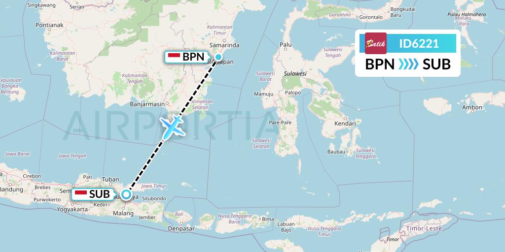 ID6221 Batik Air Flight Map: Balikpapan to Surabaya