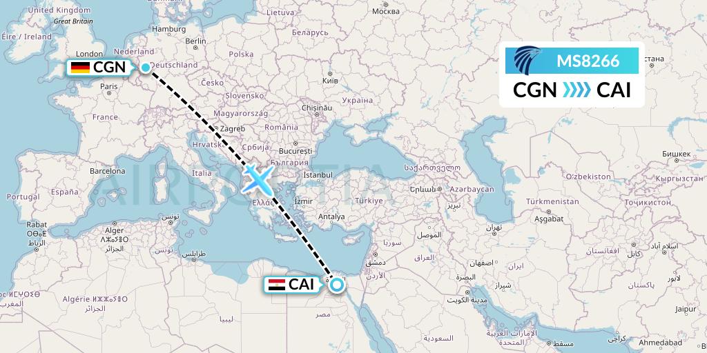 MS8266 EgyptAir Flight Map: Cologne to Cairo