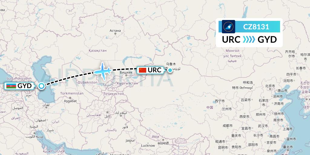 CZ8131 China Southern Airlines Flight Map: Urumqi to Baku