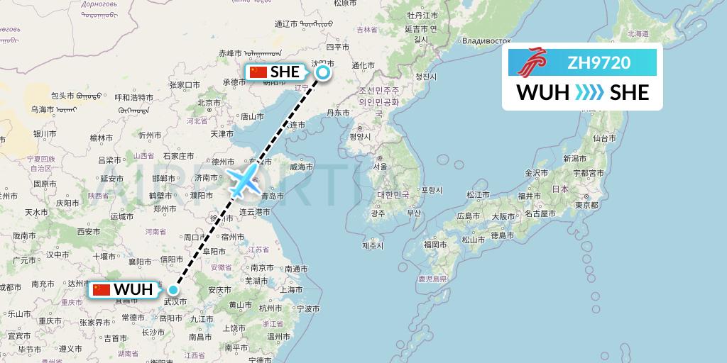 ZH9720 Shenzhen Airlines Flight Map: Wuhan to Shenyang