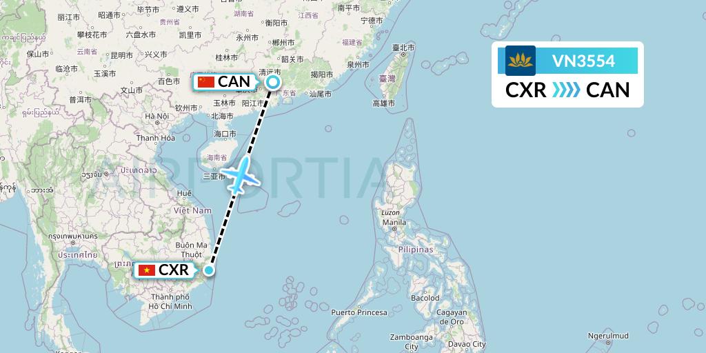 VN3554 Vietnam Airlines Flight Map: Nha Trang to Guangzhou
