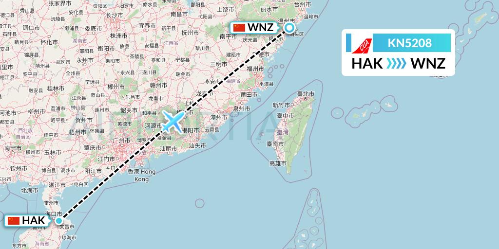 KN5208 China United Airlines Flight Map: Haikou to Wenzhou