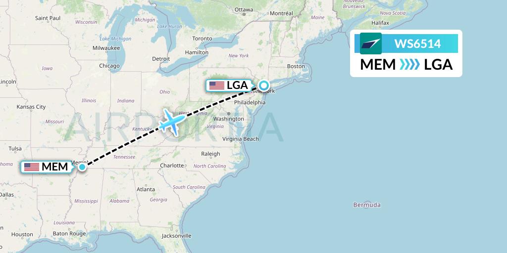 WS6514 WestJet Flight Map: Memphis to New York