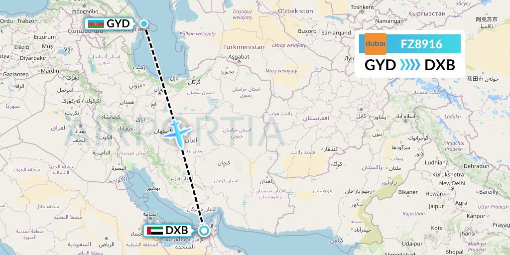 FZ8916 FlyDubai Flight Map: Baku to Dubai
