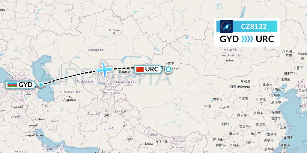CZ8132 China Southern Airlines Flight Map: Baku to Urumqi