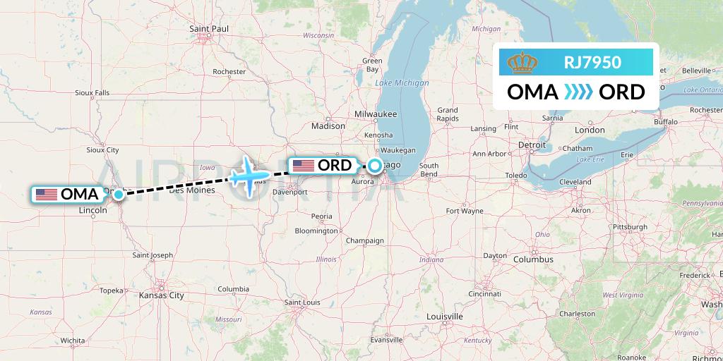 RJ7950 Royal Jordanian Flight Map: Omaha to Chicago