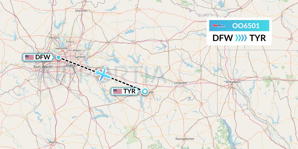 OO6501 SkyWest Airlines Flight Map: Dallas to Tyler