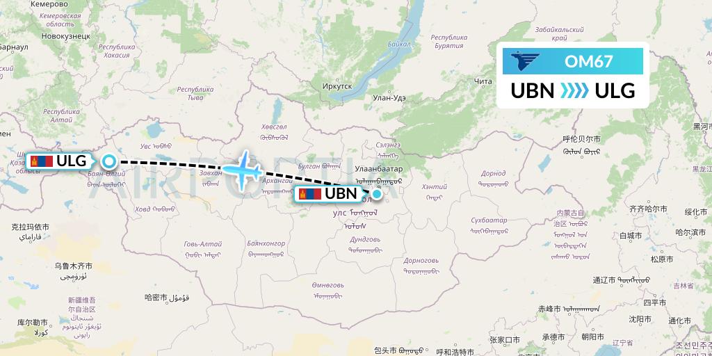 OM67 MIAT Mongolian Airlines Flight Map: Ulan Bator to Mongolia