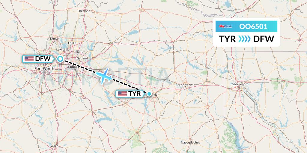 OO6501 SkyWest Airlines Flight Map: Tyler to Dallas