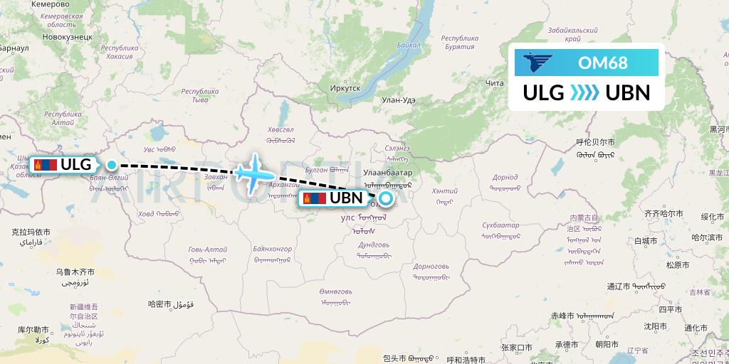 OM68 MIAT Mongolian Airlines Flight Map: Mongolia to Ulan Bator