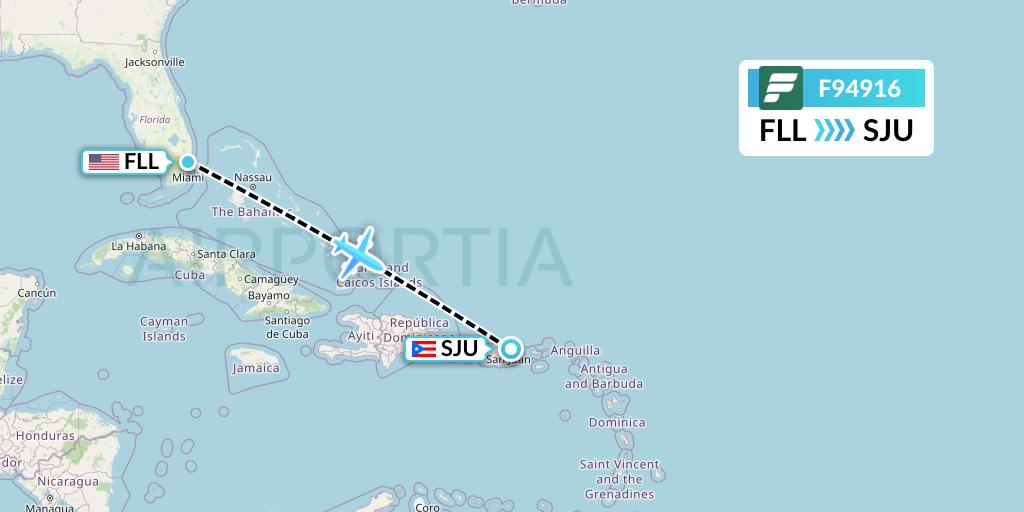 F94916 Frontier Airlines Flight Map: Fort Lauderdale to San Juan