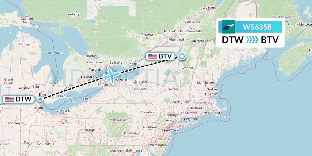 WS6358 WestJet Flight Map: Detroit to Burlington