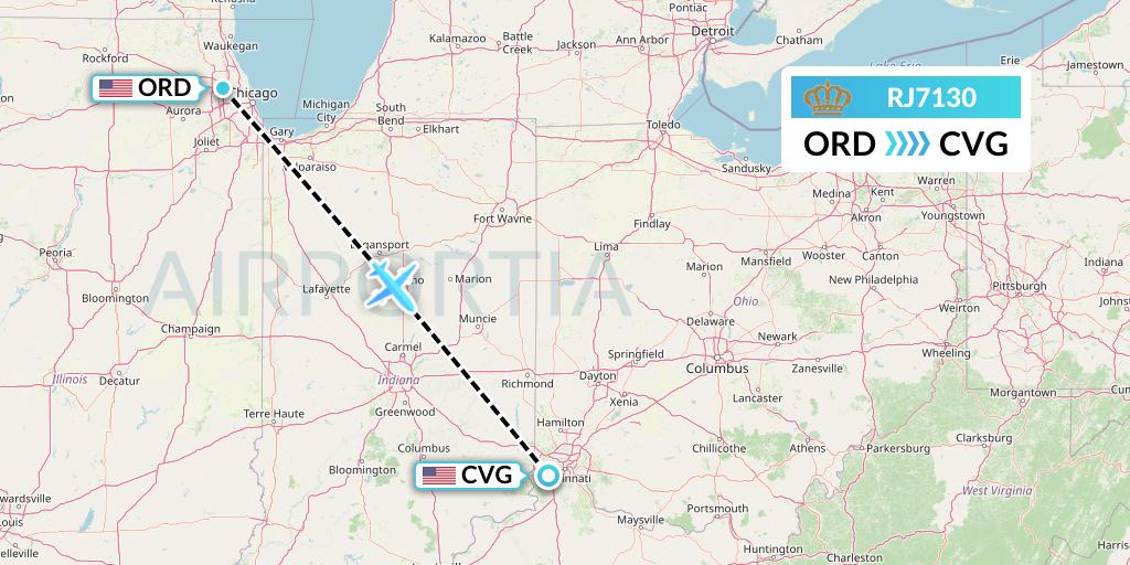 RJ7130 Royal Jordanian Flight Map: Chicago to Cincinnati