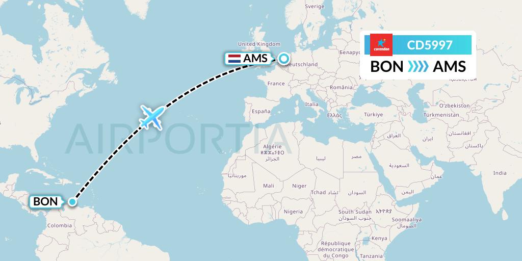 CD5997 Dutch Corendon Airlines Flight Map: Bonaire to Amsterdam