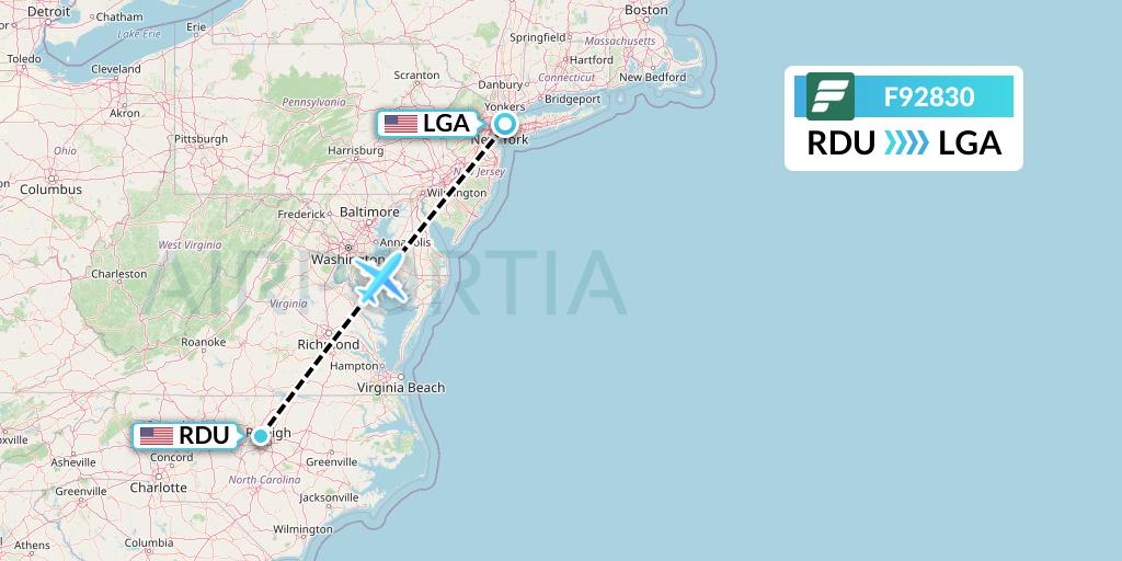 F92830 Frontier Airlines Flight Map: Raleigh-Durham to New York
