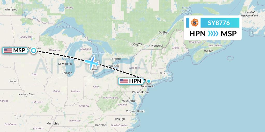 SY8776 Sun Country Airlines Flight Map: White Plains to Minneapolis