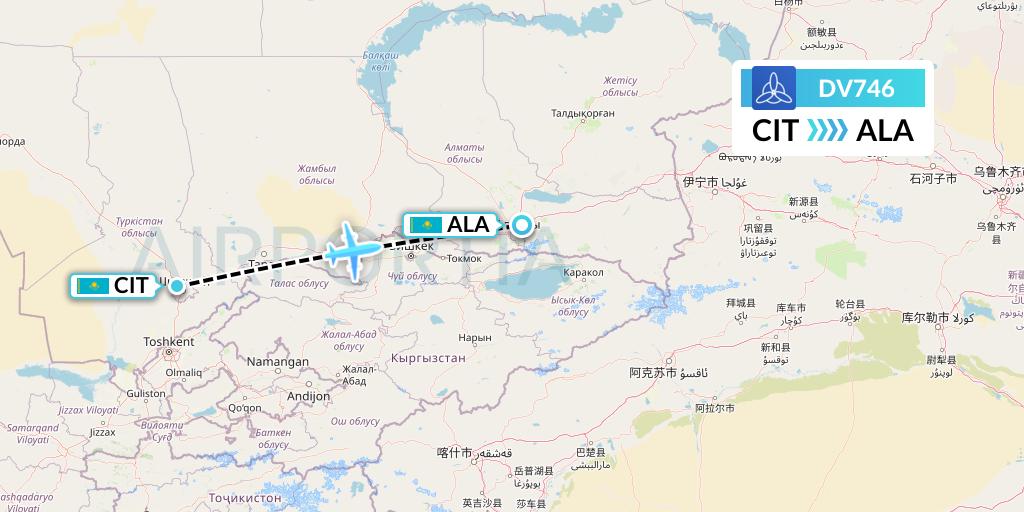 DV746 SCAT Flight Map: Shymkent to Almaty