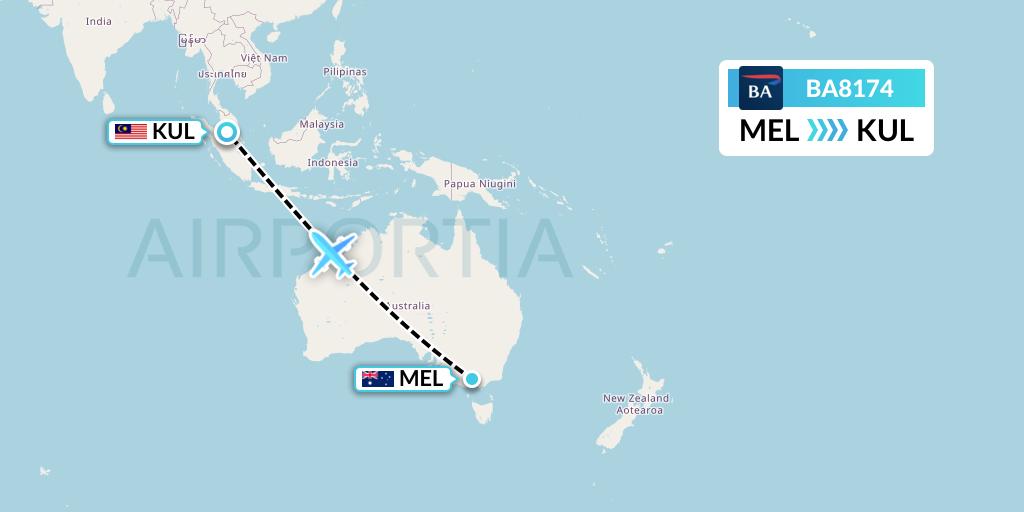 BA8174 British Airways Flight Map: Melbourne to Kuala Lumpur