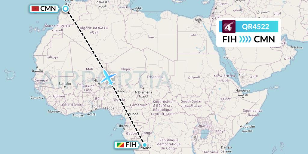 QR4522 Qatar Airways Flight Map: Kinshasa to Casablanca