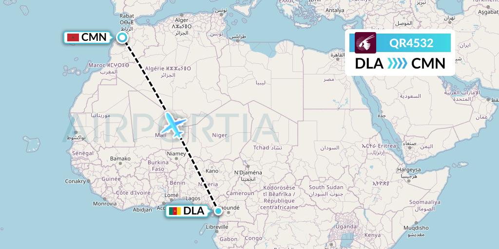 QR4532 Qatar Airways Flight Map: Douala to Casablanca
