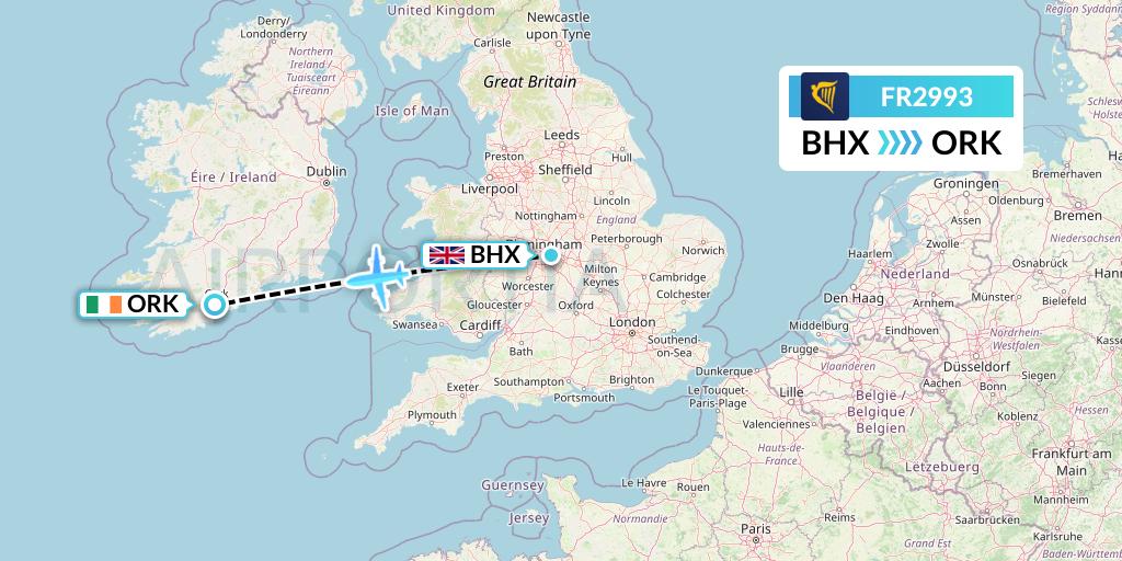 FR2993 Ryanair Flight Map: Birmingham to Cork